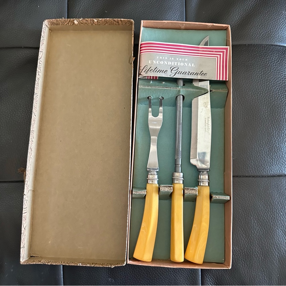 ‘50s ‘60s ‘70 Washington Forge Stainless Steel 3 Carving Knife Set in Orig Box